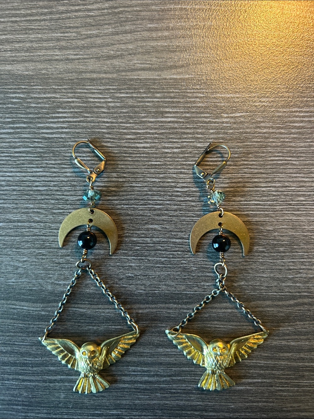 Handmade Gold Owl Crescent Drop Earrings with Black and Teal Accents